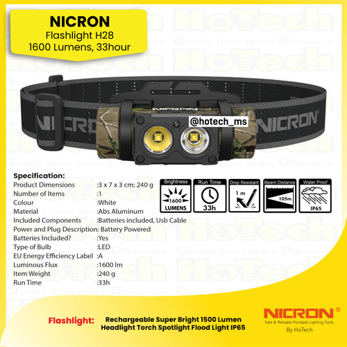 [EZM.5600123] Nicron Senter Aluminium Alloy Body | H28 Tingkat Cahaya 1600 Lumens, Runtime Battery 30 jam, Jarak Cahaya 120 meter
