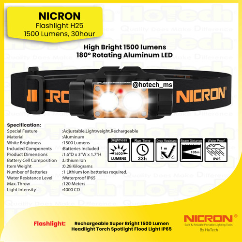 [EZM.5600124] Nicron Senter H25  Type-C Charging Hiking Torch | Tingkat Cahaya 1600 Lumens, Runtim Battery 30 Jam, Jarak Cahaya 120 meter