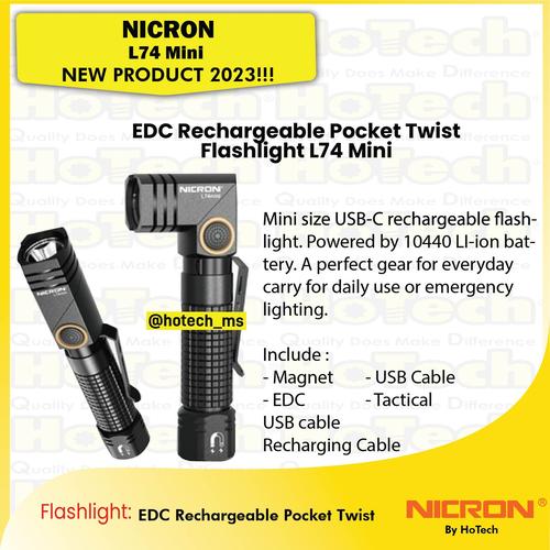 [EZM.5600125] Nicron Senter EDC Rechargeable pocket Flashlight Torch | L74Mini 400 Lumens, Runtime 10 jam, Jarak Cahaya 84 Meter