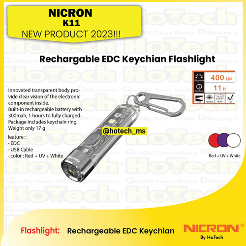 [EZM.5600127] Nicron Senter  Keychain Flashlight 3 Warna | K11 Tingkat Cahaya 400 Lumens, Runtime Battery 11 Jam, Jarak Cahaya 74 meter