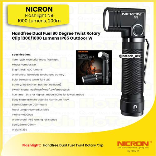[EZM.5600128] Nicron Flashlight Handfree Dual Fuel Twist Rotary Clip N9 with 1000 Lumens IP65 | Senter