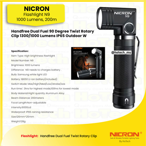 [EZM.5600128] Nicron Flashlight Handfree Dual Fuel Twist Rotary Clip N9 with 1000 Lumens IP65 | Senter