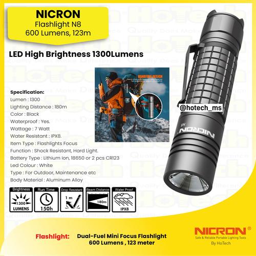 [EZM.5600129] Nicron Senter  IPX8 Waterproof Flashlight For Emergency | N8 Tingkat Cahaya 1300 Lumens, Runtime Battery 150 jam, Jarak Cahaya 180 meter
