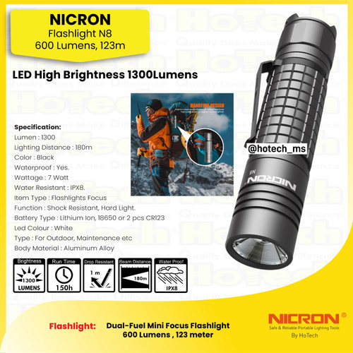 [EZM.5600129] Nicron Senter  IPX8 Waterproof Flashlight For Emergency | N8 Tingkat Cahaya 1300 Lumens, Runtime Battery 150 jam, Jarak Cahaya 180 meter