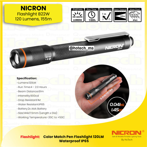 [EZM.5600130] Nicron LED Pocket Pen Light IP65 Water Resistence | Senter B22W 120Lumens, Runtime 2,5 Jam, Jarak Cahaya 42 meter
