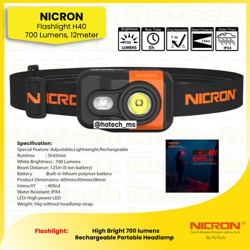[EZM.5600131] Nicron Senter IPX4 Waterproof Headlamp Fishing | H40 Tingkat Cahaya 700 Lumens, Runtime Battery 5 jam, Jarak Cahaya 45 meter