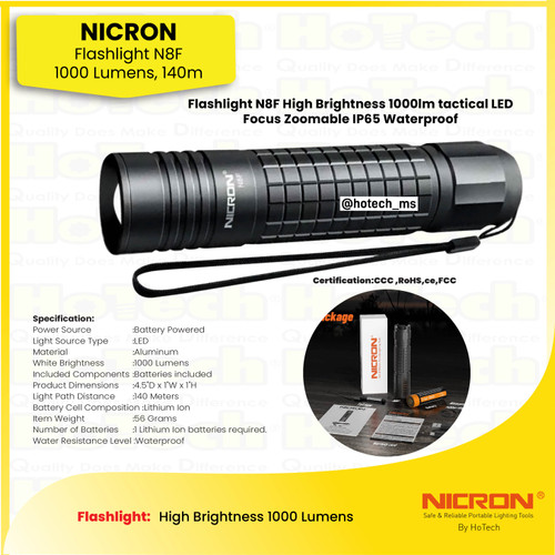 [EZM.5600132] Nicron Flashlight 1000 Lumens Tactical LED with Focus Zoomable IP65 Waterproof | N8F High Brightness