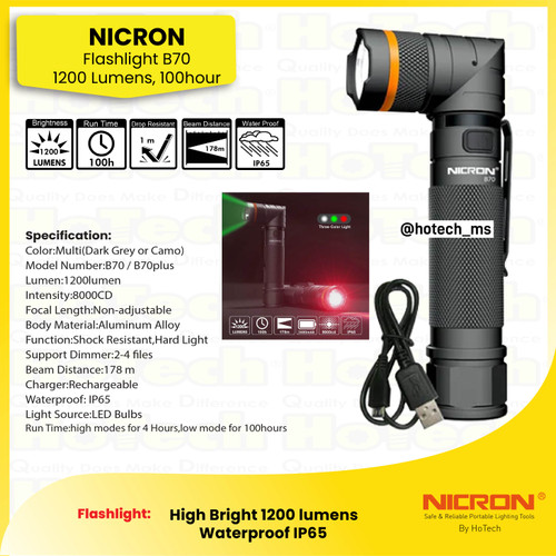 [EZM.5600133] NICRON SenterTwist 90 Derajat  B70 1200 Lumens, Runtime 100h Jarak 178 Meter