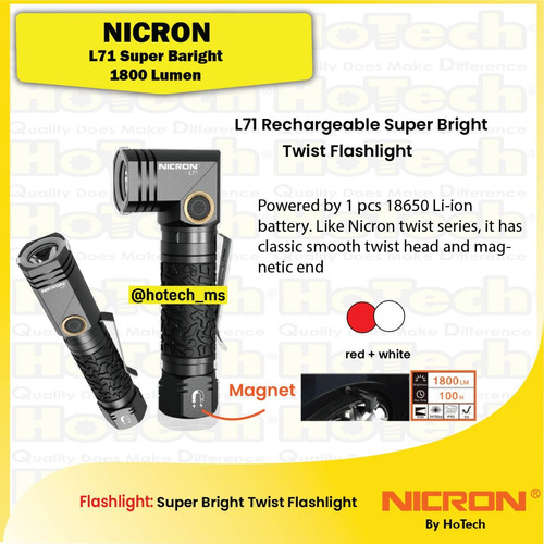[EZM.5600134] Nicron Flashligh IP65 Waterproof 90° rotatable 8 modes portable for camping - hiking - outdoors | L71 1800 Lumens High Brigthness