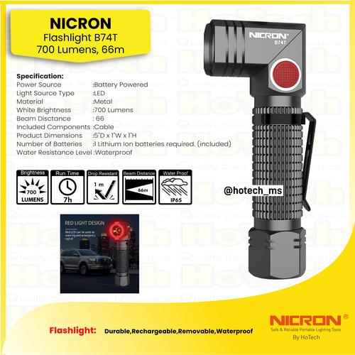 [EZM.5600135] Nicron B74T  700 Lumen, Runtime 7 Jam, Jarak Cahaya 66 Meter | 90° Twist Pocket Flashlight