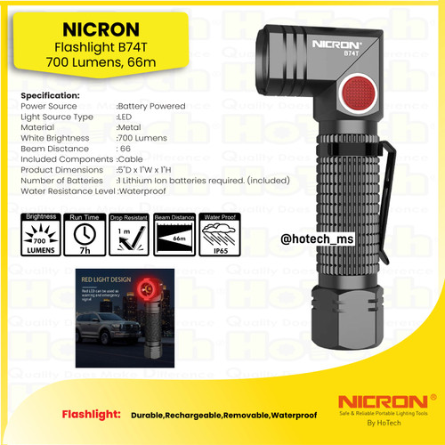 [EZM.5600135] Nicron B74T  700 Lumen, Runtime 7 Jam, Jarak Cahaya 66 Meter | 90° Twist Pocket Flashlight