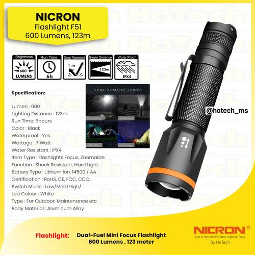 [EZM.5600136] Nicron Senter Water Resistant IPX4 |Flashlight Focus F51 Tingkat Cahaya 600 Lumens, Runtime Battery 6 jam, Jarak Cahaya 123 meter