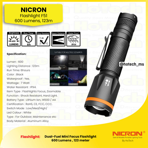[EZM.5600136] Nicron Senter Water Resistant IPX4 |Flashlight Focus F51 Tingkat Cahaya 600 Lumens, Runtime Battery 6 jam, Jarak Cahaya 123 meter