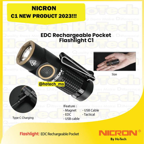[EZM.5600137] Nicron EDC Rechargeable Senter C1 1200 Lumens, Jarak Cayaha 148 meter, Runtim Battery 90 Jam