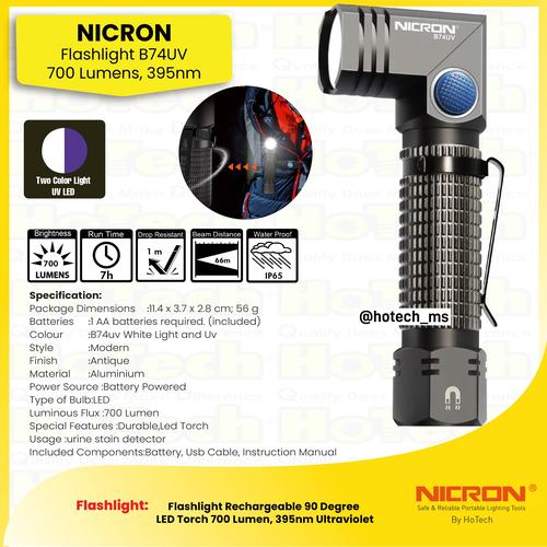 [EZM.5600139] Nicron Flashlight B74UV Rechargeable 90 Degree 700 Lumen 395nm Ultraviolet Waterproof IP65
