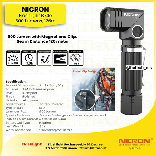 [EZM.5600140] Nicron Twist 90 Degree  Flashlight | B71e 600 Lumens, Jarak Cahaya 126 meter, Runtime 3,5 jam