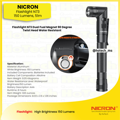 [EZM.5600141] Flashlight Nicron N73 | Twist Head Water Resistant Magnet 90° Rechargeable