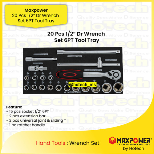 [EZM.5600152] MAXPOWER | 20 Pcs 1/2" Dr Wrench Set | 6 PT Dr Socket Tool Set 1/2"