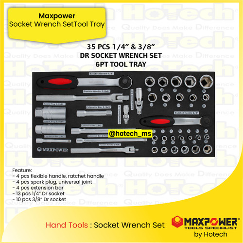 [EZM.5600161] MAXPOWER | 35Pcs 1/4" & 3/8" Dr. Socket Tool Set, 6PT | 6PT Tool Tray