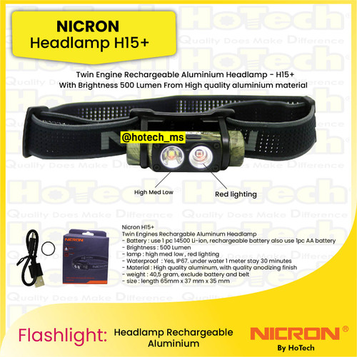 [EZM.5600224] NICRON Headlamp H15+ Red/Med lighting with 500 Lumen | Waterproof