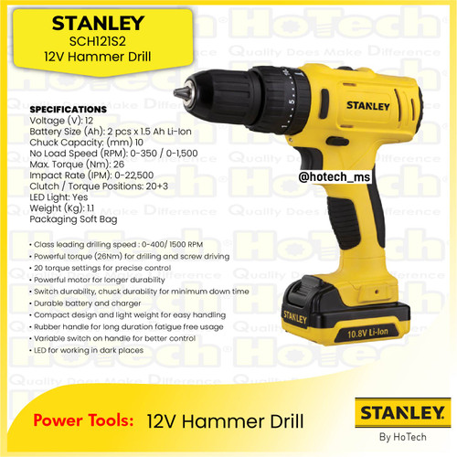 [EZM.5600243] STANLEY SCH121S2 12V Hammer Drill | Mesin Hammer Drill