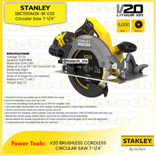 [EZM.5600245] STANLEY SBC550M2K-B1 V20 Circular Saw 7-1/4" | Cordless Gergaji