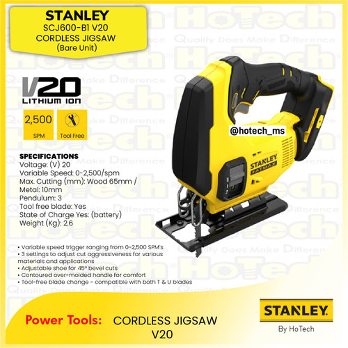 [EZM.5600246] STANLEY SCJ600-B1 V20 Cordless Jigsaw- Bare Unit  | Mesin Gergaji
