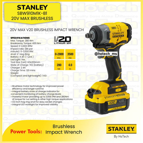 [EZM.5600247] STANLEY SBW910M1K-B1 20V Brushless Impact Wrench | Mesin Impact