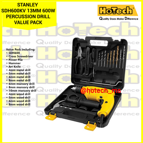 [EZM.5600250] STANLEY SDH600KV | Mesin Bor 13mm 550W Hammer Drill - Value Pack