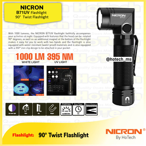 [EZM.5600288] NICRON B71UV 90° Twist Flashlight | LED 1000LM, 7Hour, Jarak 100m