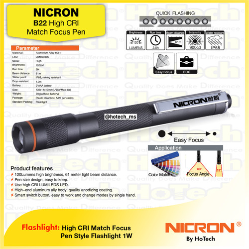 [EZM.5600290] NICRON B22 Color Match Pen Light | Senter LED 120 Lumens 2H Jarak 61m