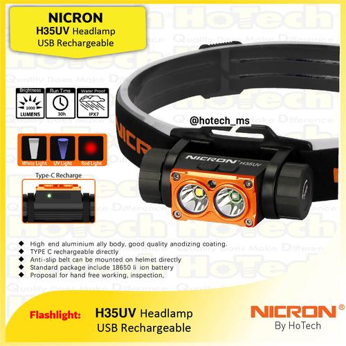 [EZM.5600291] NICRON Headlamp H35UV USB Rechargeable | Senter LED 1000 Lumens 30H