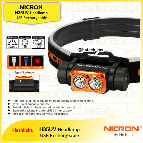 [EZM.5600291] NICRON Headlamp H35UV USB Rechargeable | Senter LED 1000 Lumens 30H