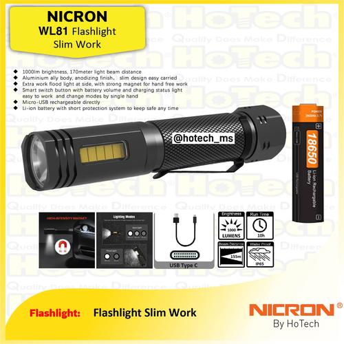 [EZM.5600293] NICRON Flashlight WL81 Slim | Senter LED 1000 Lumens | Jarak 170 Meter