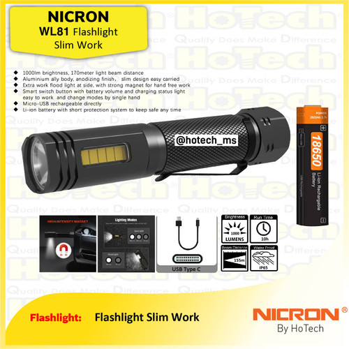 [EZM.5600293] NICRON Flashlight WL81 Slim | Senter LED 1000 Lumens | Jarak 170 Meter