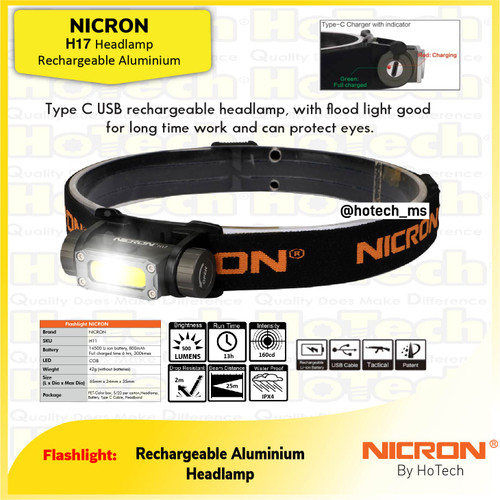 [EZM.5600294] NICRON Headlamp H17 | Senter LED 500 Lumens | Jarak 25 Meter