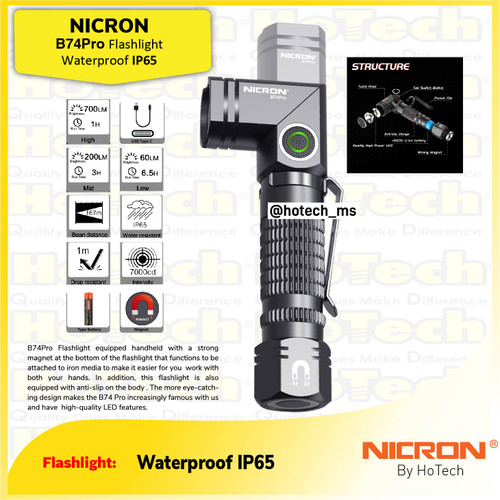 [EZM.5600295] NICRON Flashlight B74Pro | Senter LED 700Lumen | Waterproof IP65