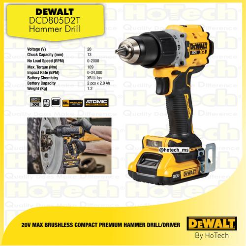 [EZM.5600410] Dewalt DCD805D2T | Brushless Cordless | Mesin Hammer Drill/Driver