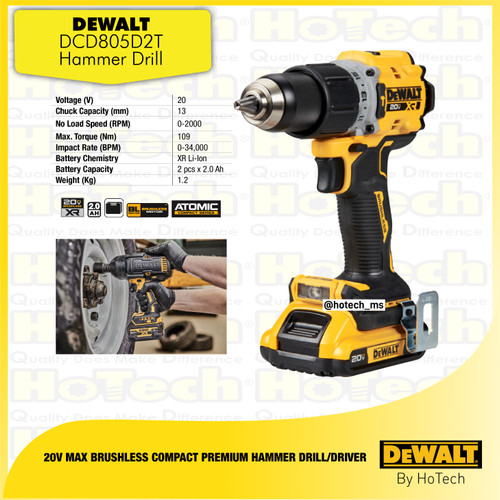 [EZM.5600410] Dewalt DCD805D2T | Brushless Cordless | Mesin Hammer Drill/Driver