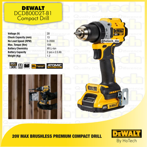 [EZM.5600411] Dewalt DCD800D2T | Brushless Cordless | Mesin Drill Driver | Mesin Bor