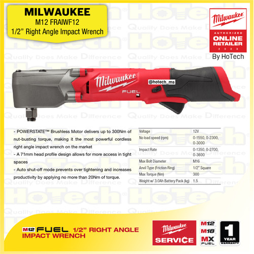 [EZM.5600428] MILWAUKEE M12 FRAIWF12 | 1/2” Right Angle Impact Wrench (Unit Only)