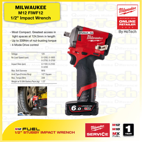 [EZM.5600429] MILWAUKEE M12 FIWF12 | 1/2" Stubby Impact Wrench 12V (Unit Only)