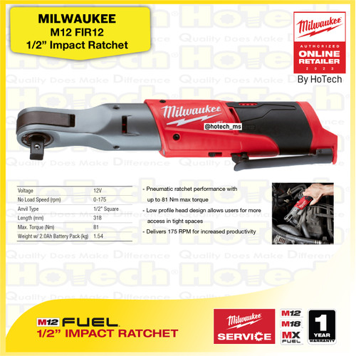 [EZM.5600431] MILWAUKEE M12 FIR12 | 1/2” Mesin Impact Ratchet 12Volt (Unit Only)