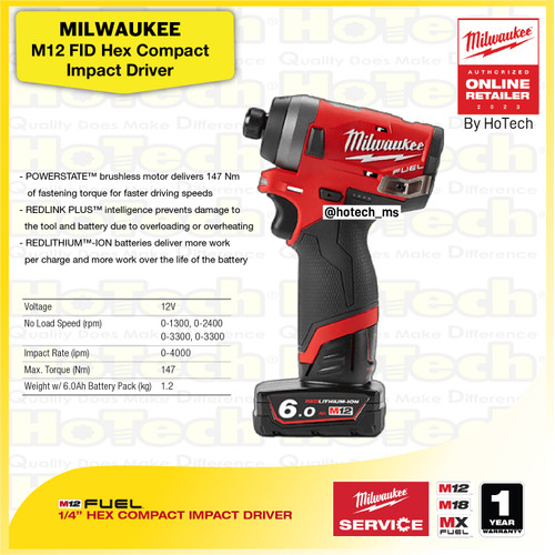 [EZM.5600432] MILWAUKEE M12 FID | Mesin Compact Impact Driver 12volt (Unit Only)