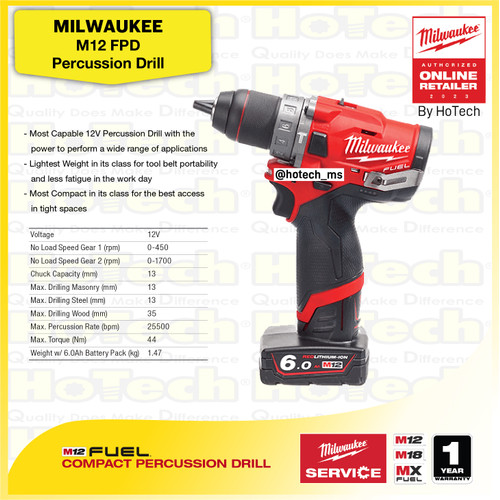 [EZM.5600433] MILWAUKEE M12 FPD | Percussion Dril | Mesin Drill 12Volt (Unit Only)
