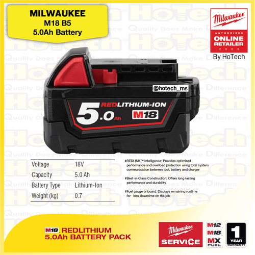 [EZM.5600440] MILWAUKEE | M18B5 REDLITHIUM 5.0Ah Battery Pack | Battery Charger