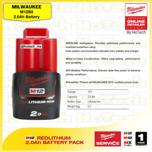 [EZM.5600443] MILWAUKEE M12 B2 REDLITHIUM 2.0Ah Battery Pack| Battery Corldless Tool