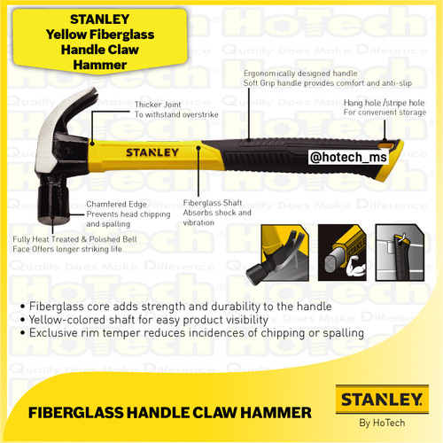 [EZM.5600516] STANLEY STHT51390 Yellow Fiberglass Handle Claw Hammer Size 7oz