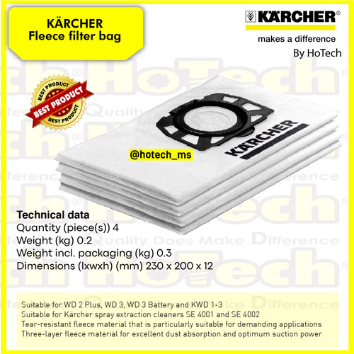 [EZM.5600598] Karcher Fleece Filter Bags | Filter Bag For Vacuum Cleaner