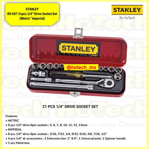 [EZM.5600678] STANLEY|89-507 21pcs 1/4” Drive Socket Set (Metric * Imperial)|Kunci